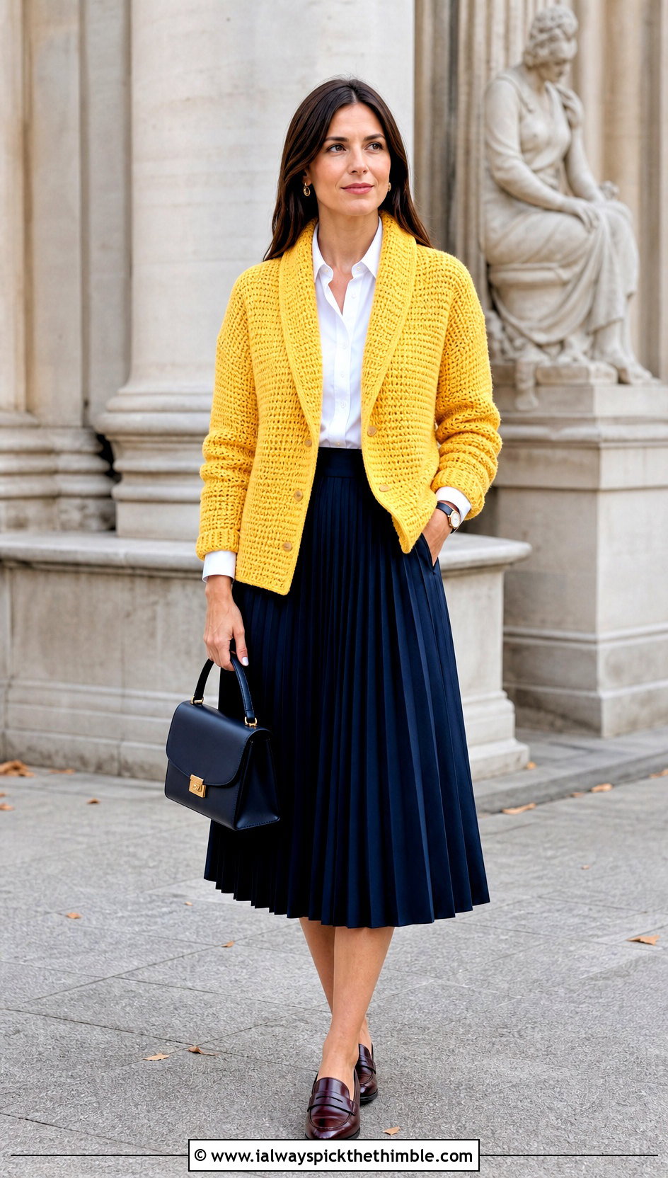 Shawl Collar Alpine Stitch Crochet Cardigan With Pleated Midi Skirt - 20 Alpine Stitch Crochet Cardigan outfit ideas