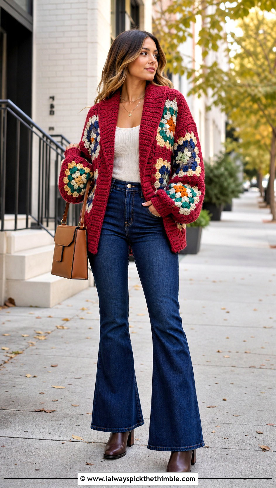 Shawl Collar Big Granny Square Cardigan With Flare Jeans - 25 big granny square sweater outfit ideas