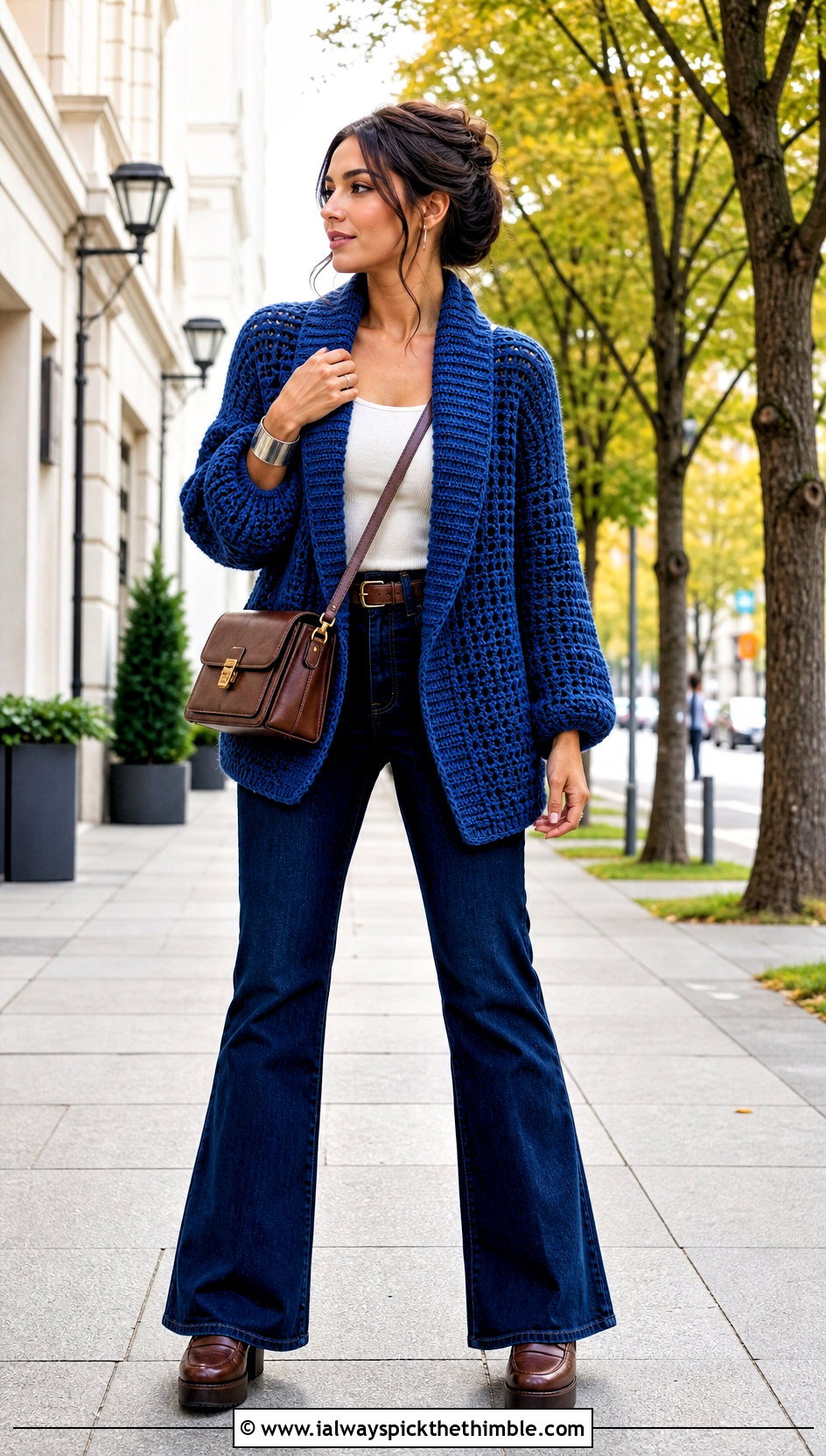 Shawl Collar Blue Crochet Cardigan With Flare Jeans - 25 blue crochet cardigan outfit ideas