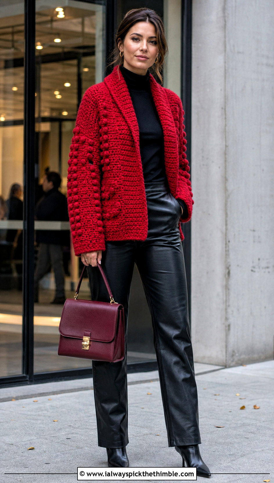 Shawl Collar Bobble Cardigan With Leather Pants - 20 Crochet Bobble Cardigan outfit ideas