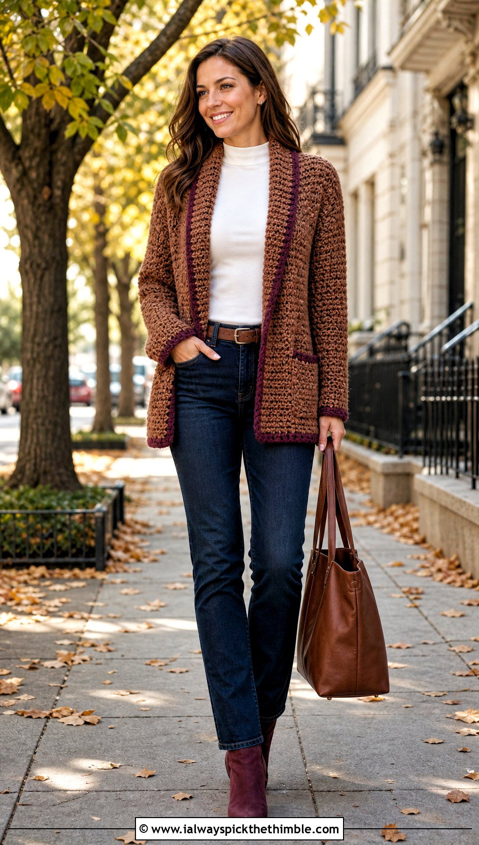 Shawl Collar Brown Crochet Cardigan With Straight Jeans - 25 Brown Crochet Cardigan outfit ideas