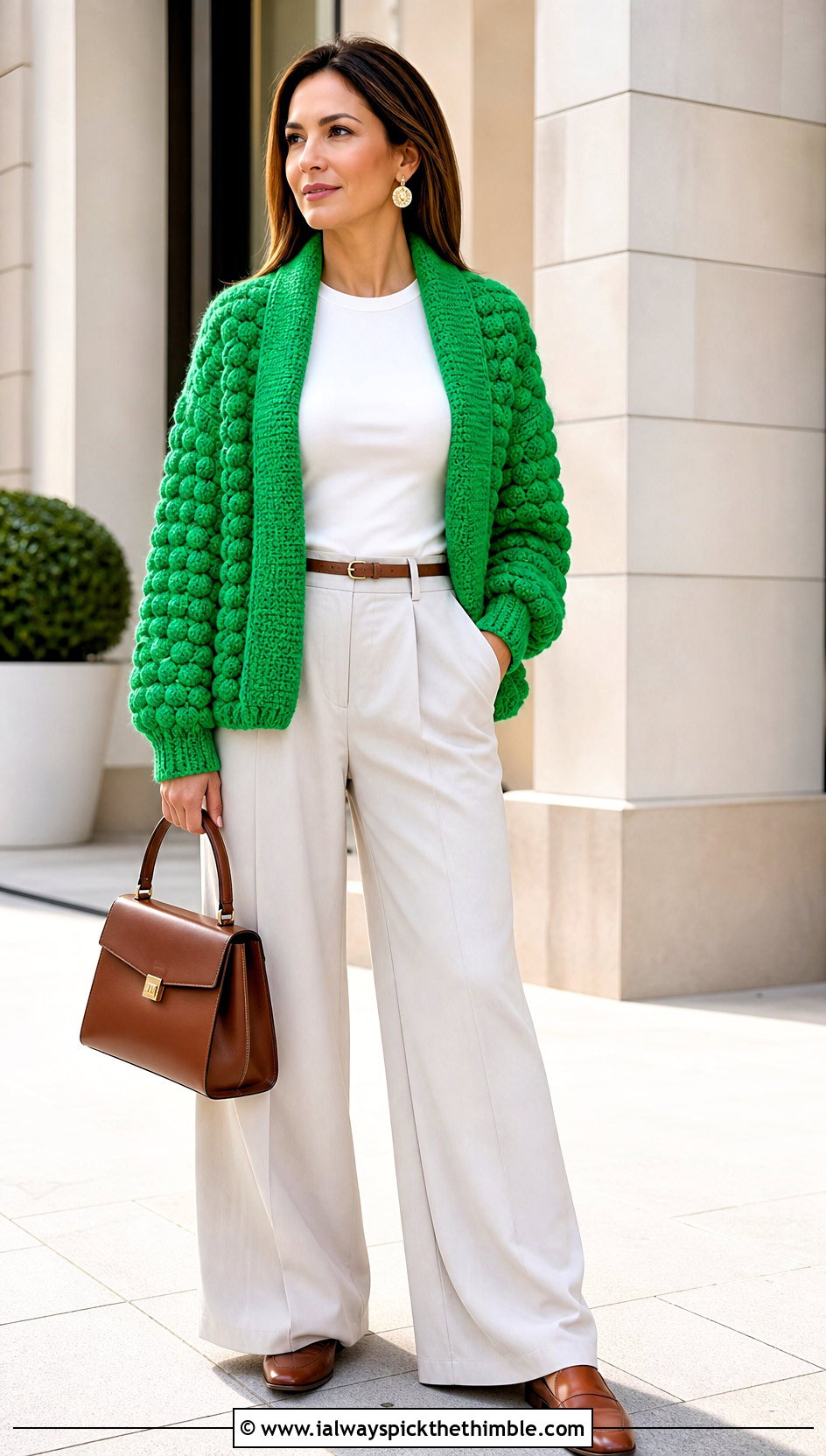 Shawl Collar Bubble Crochet Cardigan With Wide Leg Trousers - 15 Crochet Bubble Cardigan outfit ideas