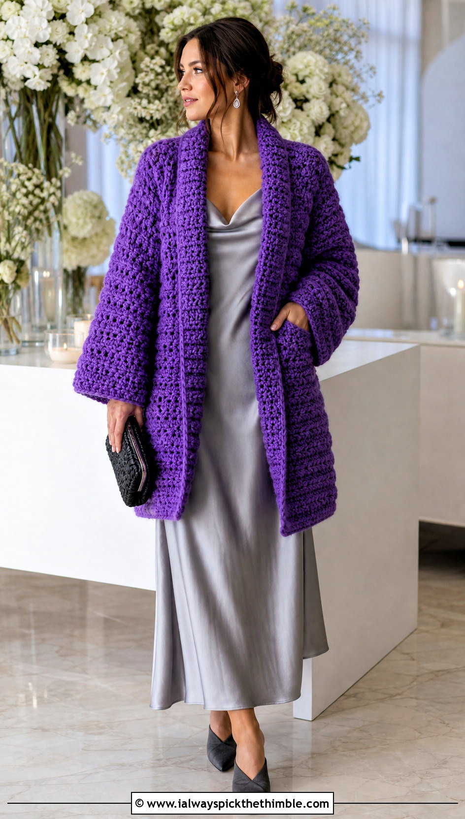 Shawl Collar Bulky Crochet Cardigan With Satin Slip Dress - 20 Bulky Crochet Cardigan outfit ideas