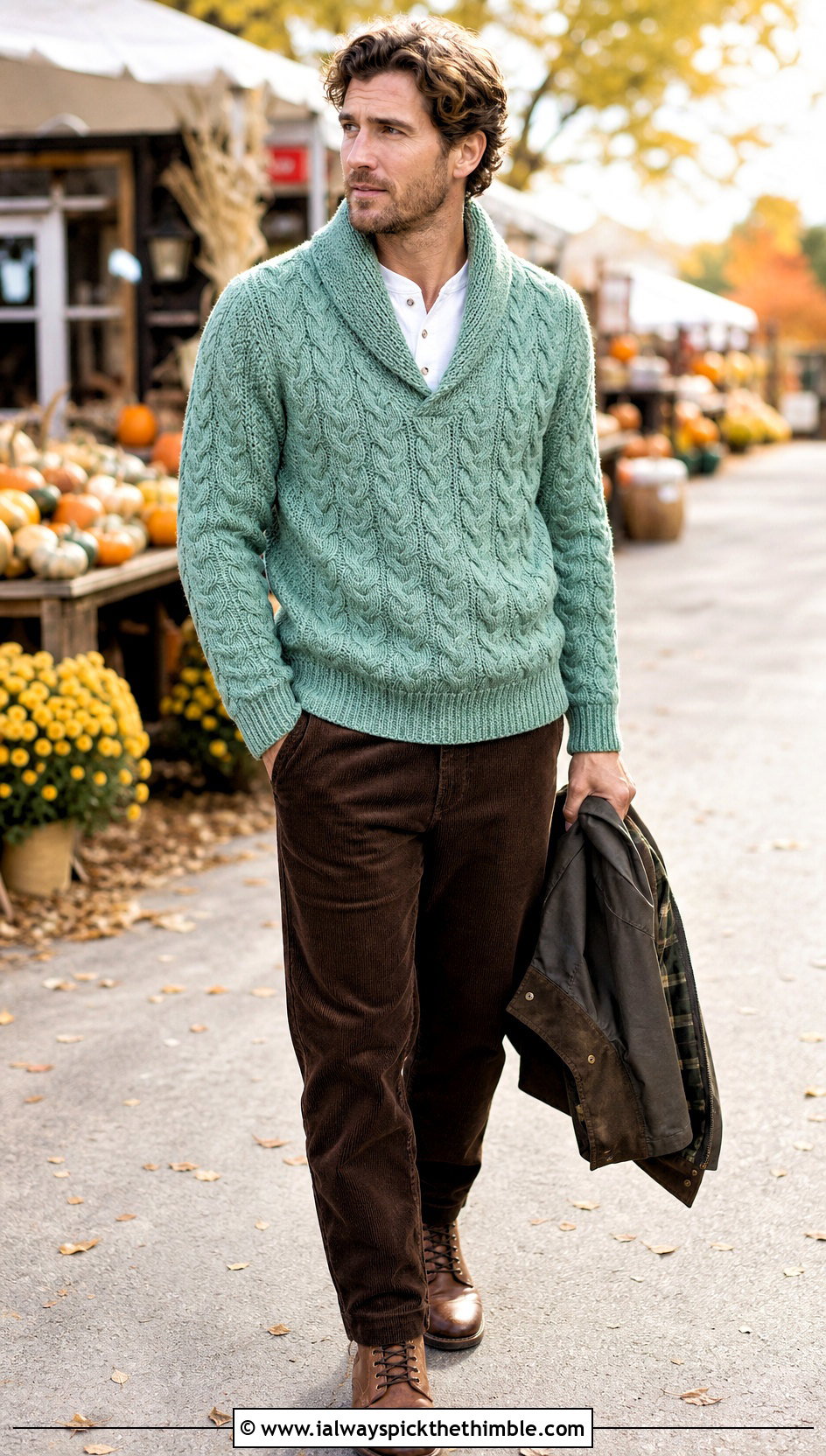 Shawl Collar Cable Sweater With Corduroy Pants - 15 Mens Cable Crochet Sweater outfit ideas