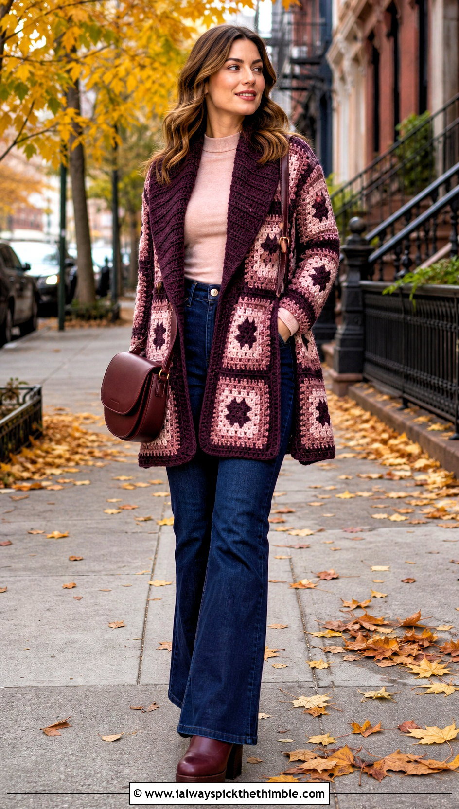Shawl Collar Checkered Crochet Cardigan With Flared Jeans - 20 Checkered Crochet Cardigan outfit ideas