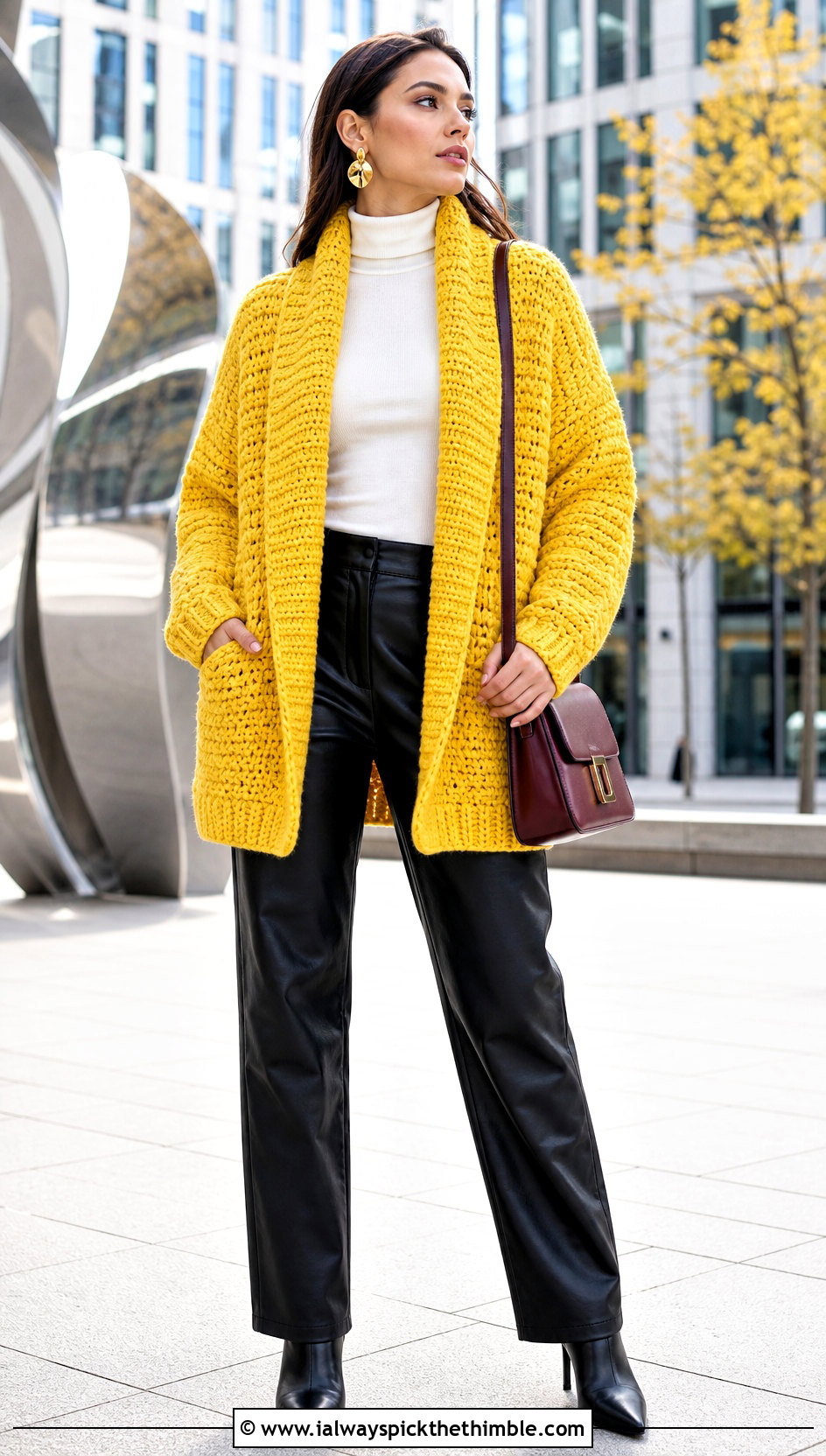 Shawl Collar Chunky Crochet Cardigan With Leather Pants - 25 chunky crochet cardigan outfit ideas