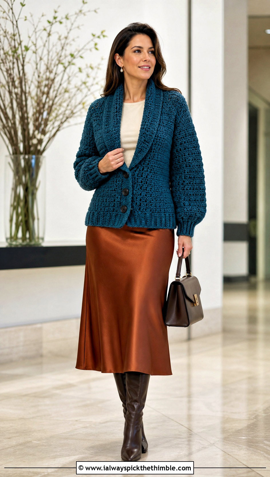 Shawl Collar Chunky Crochet Cardigan With Satin Midi Skirt - 15 Chunky Yarn Crochet Cardigan outfit ideas