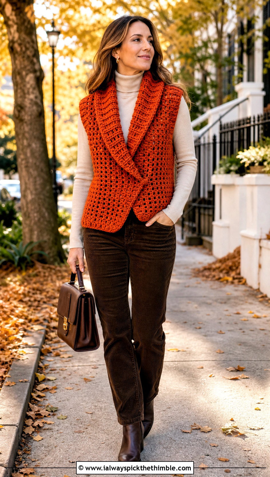 Shawl Collar Chunky Crochet Vest With Corduroy Pants - 20 Chunky Crochet Vest outfit ideas