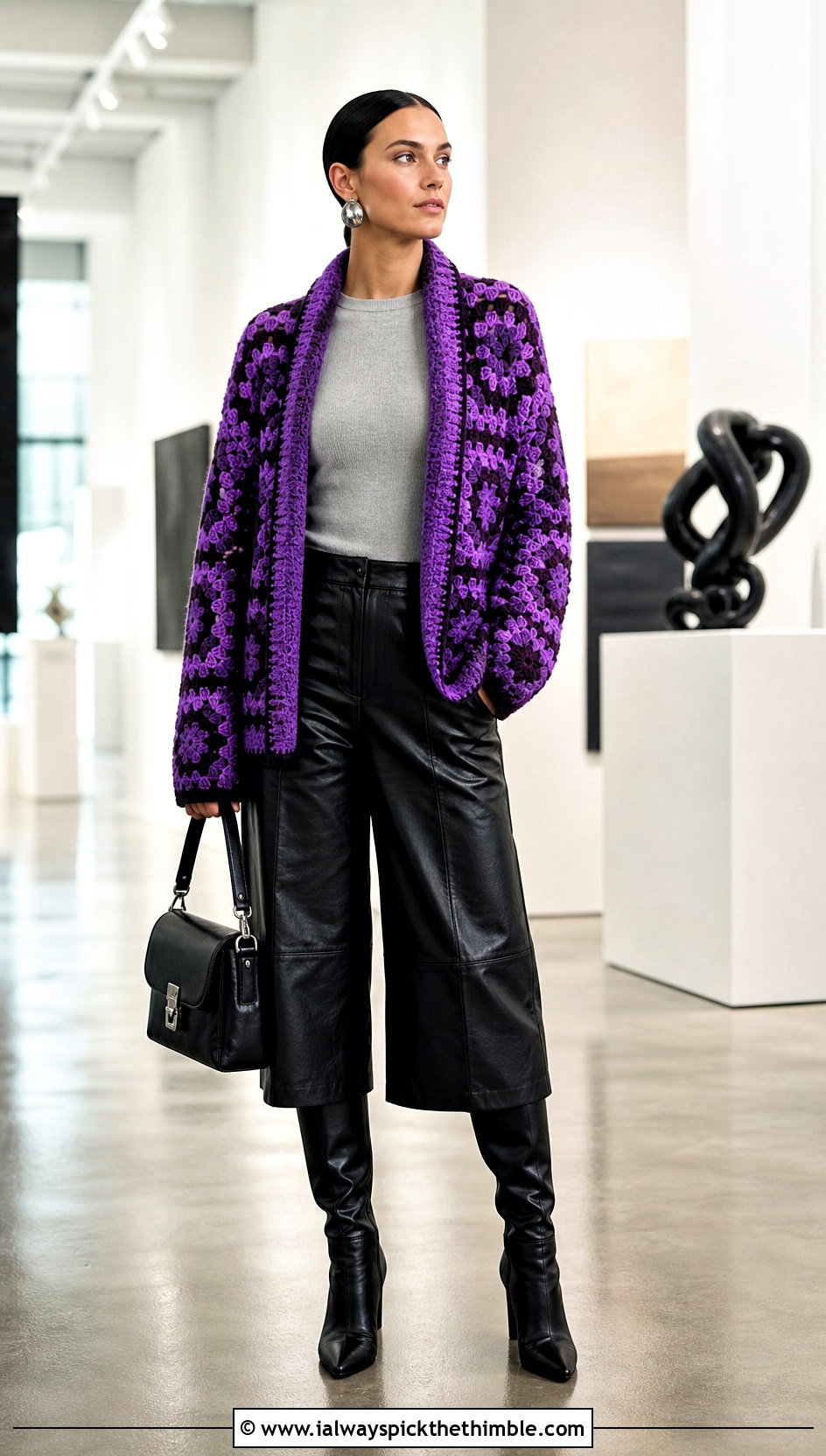 Shawl Collar Continuous Granny Square Cardigan With Leather Culottes - 20 continuous granny square cardigan outfit ideas