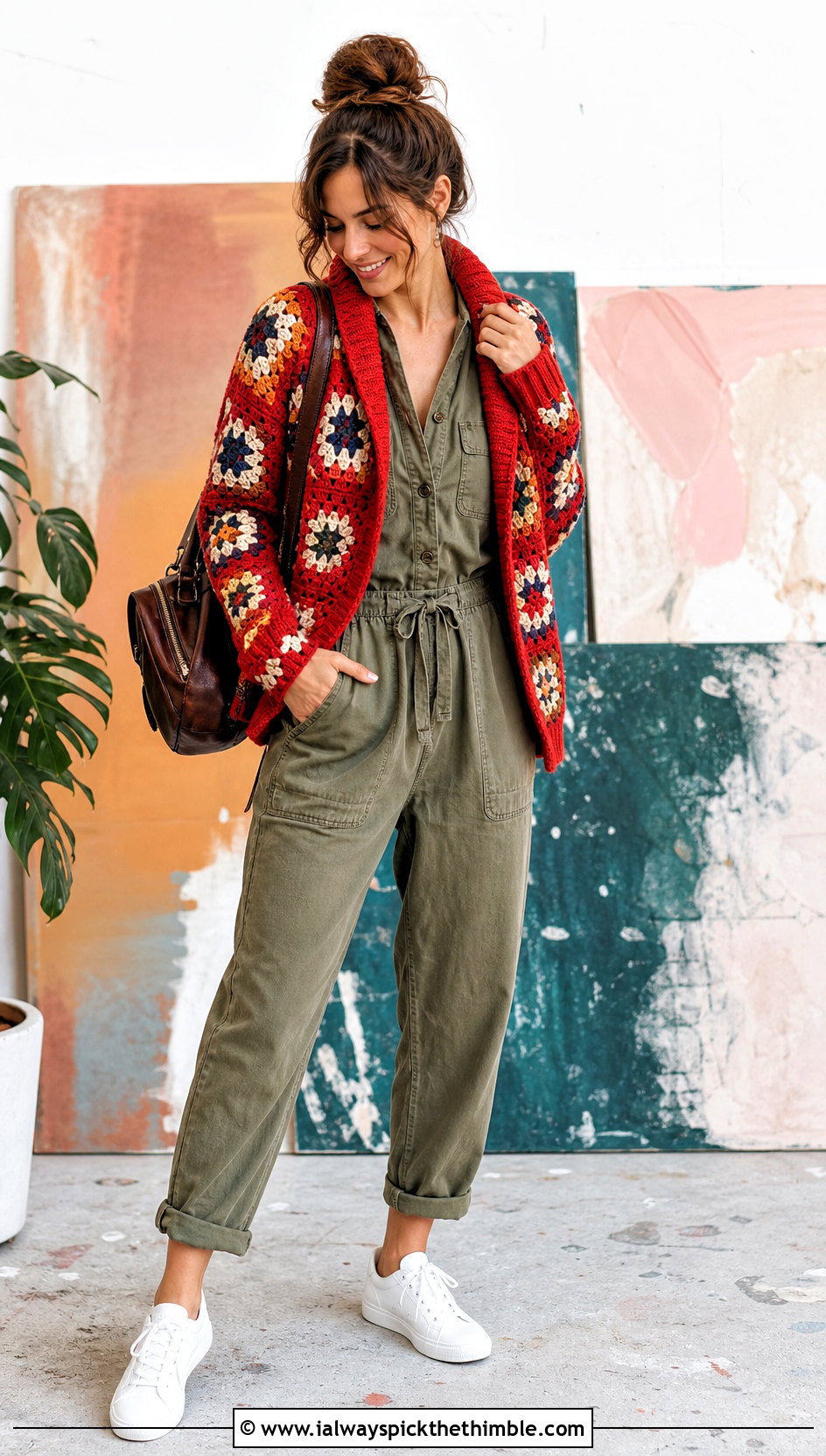 Shawl Collar Cotton Granny Square Cardigan With Utility Jumpsuit - 20 cotton granny square cardigan outfit ideas