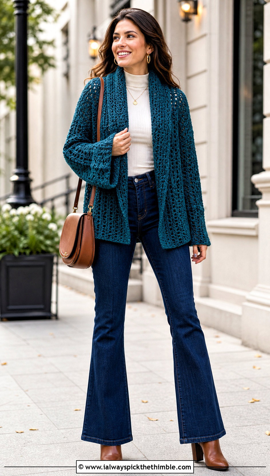 Shawl Collar Crochet Bed Jacket With Flared Jeans - 20 Crochet Bed Jackets outfit ideas