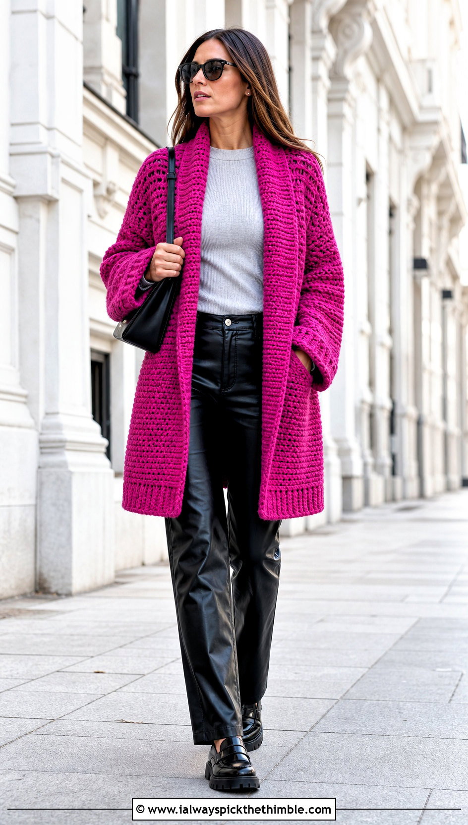 Shawl Collar Crochet Blanket Cardigan With Leather Pants - 25 crochet blanket cardigan outfit ideas