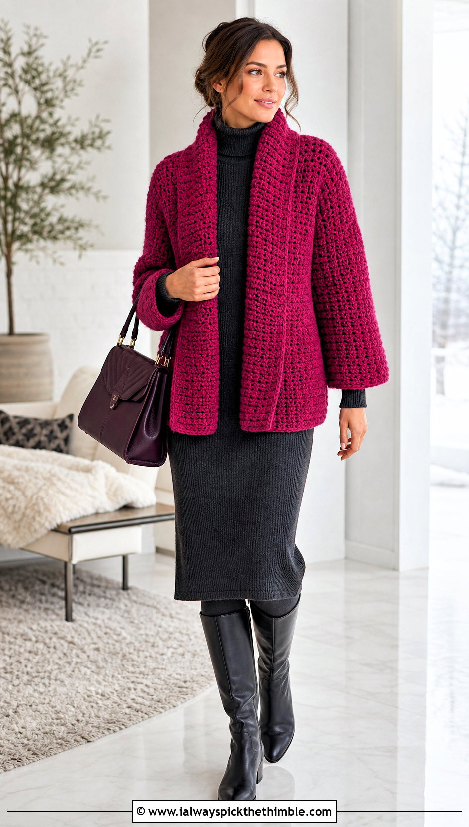 Shawl Collar Crochet Blanket Jacket With Turtleneck Dress - 20 crochet blanket jacket outfit ideas