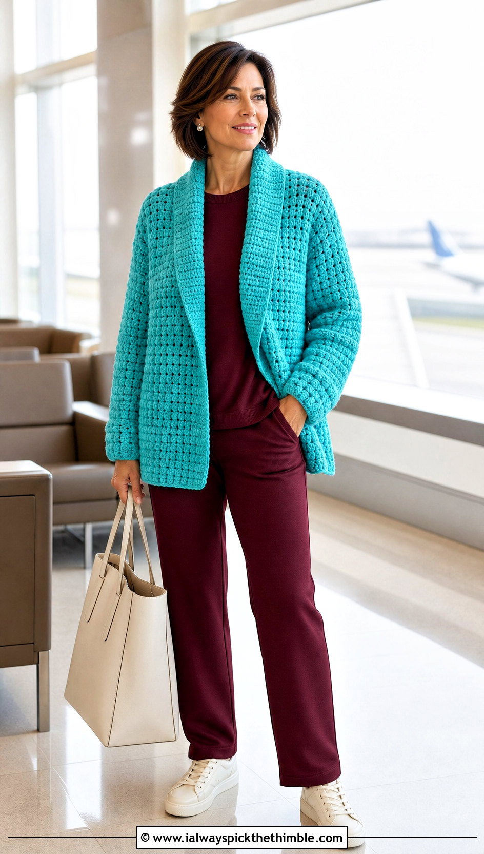 Shawl Collar Crochet Blanket Sweater With a Knit Set - 20 crochet blanket sweater outfit ideas