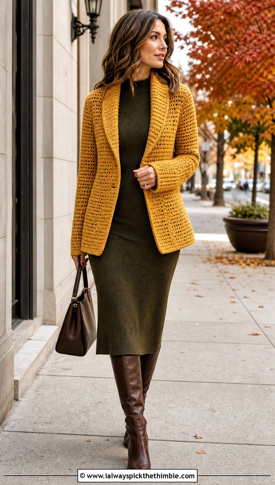 Shawl Collar Crochet Blazer With Knit Dress - 25 crochet blazer outfit ideas