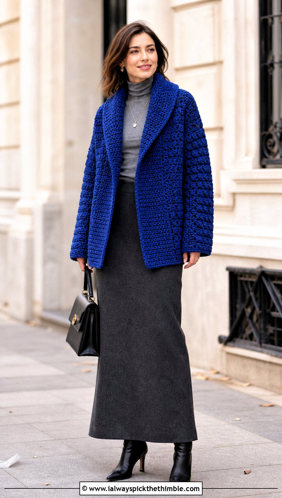 Shawl Collar Crochet Bog Jacket With Maxi Skirt - 25 Crochet Bog Jacket outfit ideas