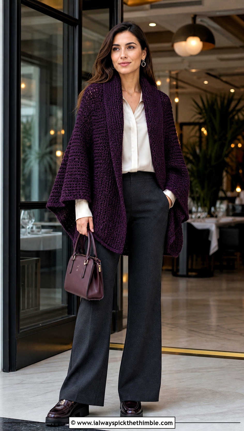 Shawl Collar Crochet Cape With A Blouse And Flared Pants - 25 crochet cape outfit ideas