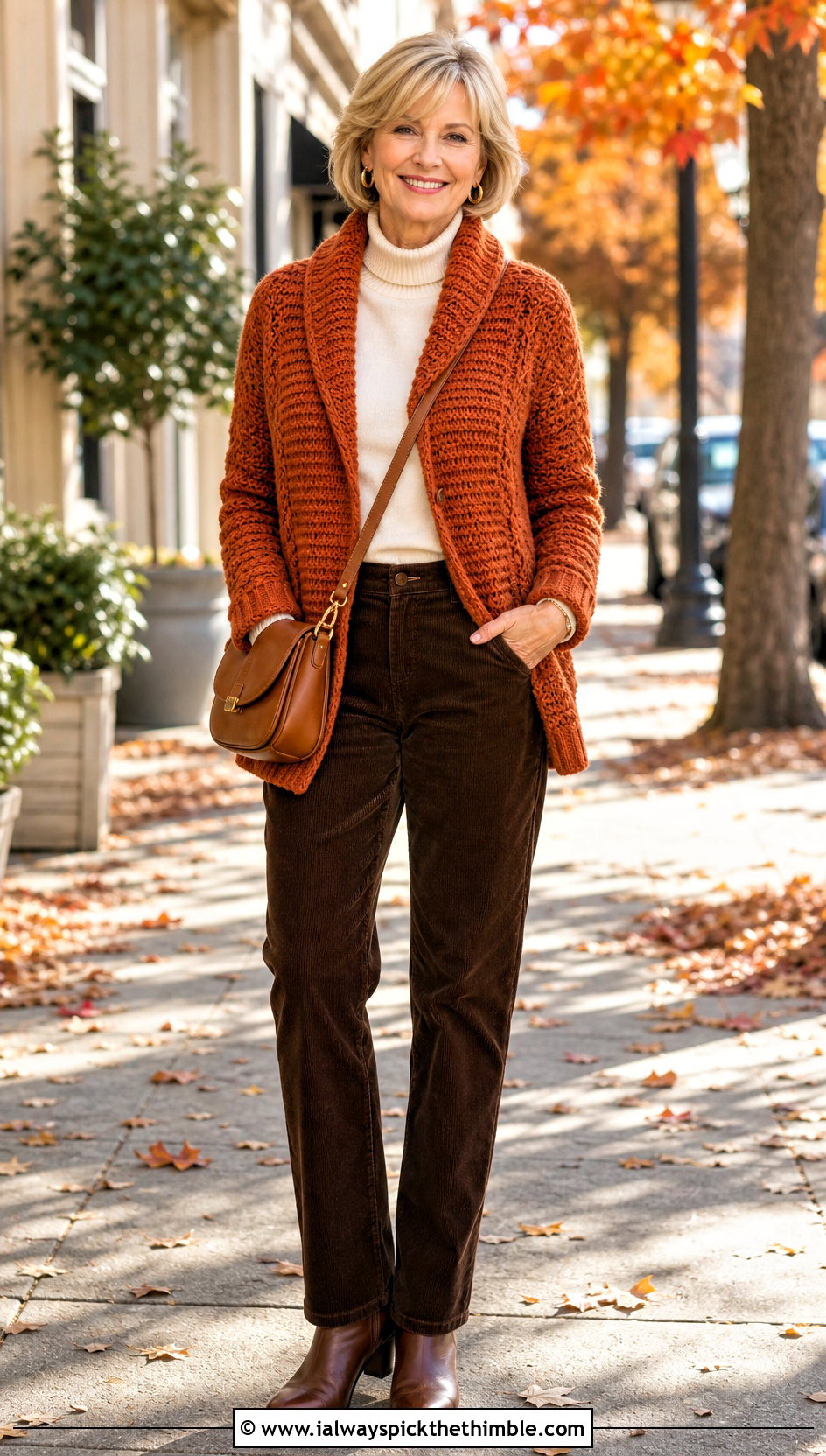 Shawl Collar Crochet Cardigan With Corduroy Pants - 20 basic crochet cardigan outfit ideas