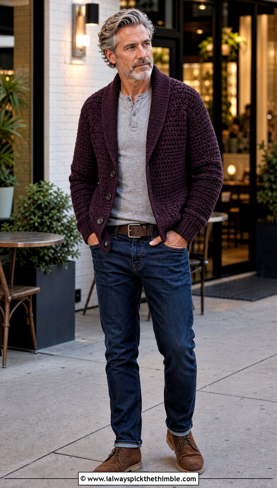 Shawl Collar Crochet Cardigan With Dark Denim - 25 crochet cardigan men outfit ideas