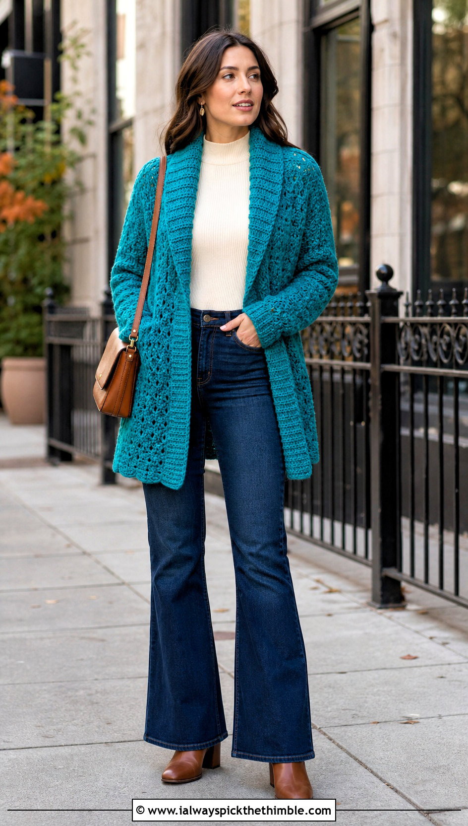 Shawl Collar Crochet Cardigan With Flared Jeans - 25 easy crochet cardigan women outfit ideas
