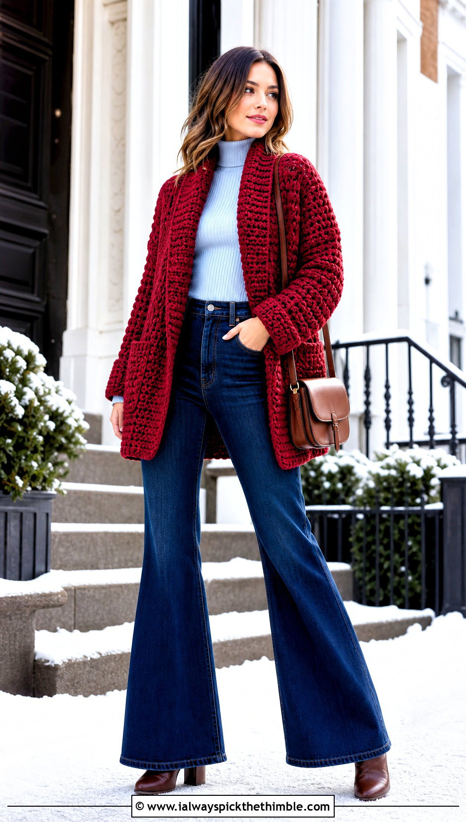 Shawl Collar Crochet Cardigan With Flared Jeans - 20 crochet winter cardigan outfit ideas