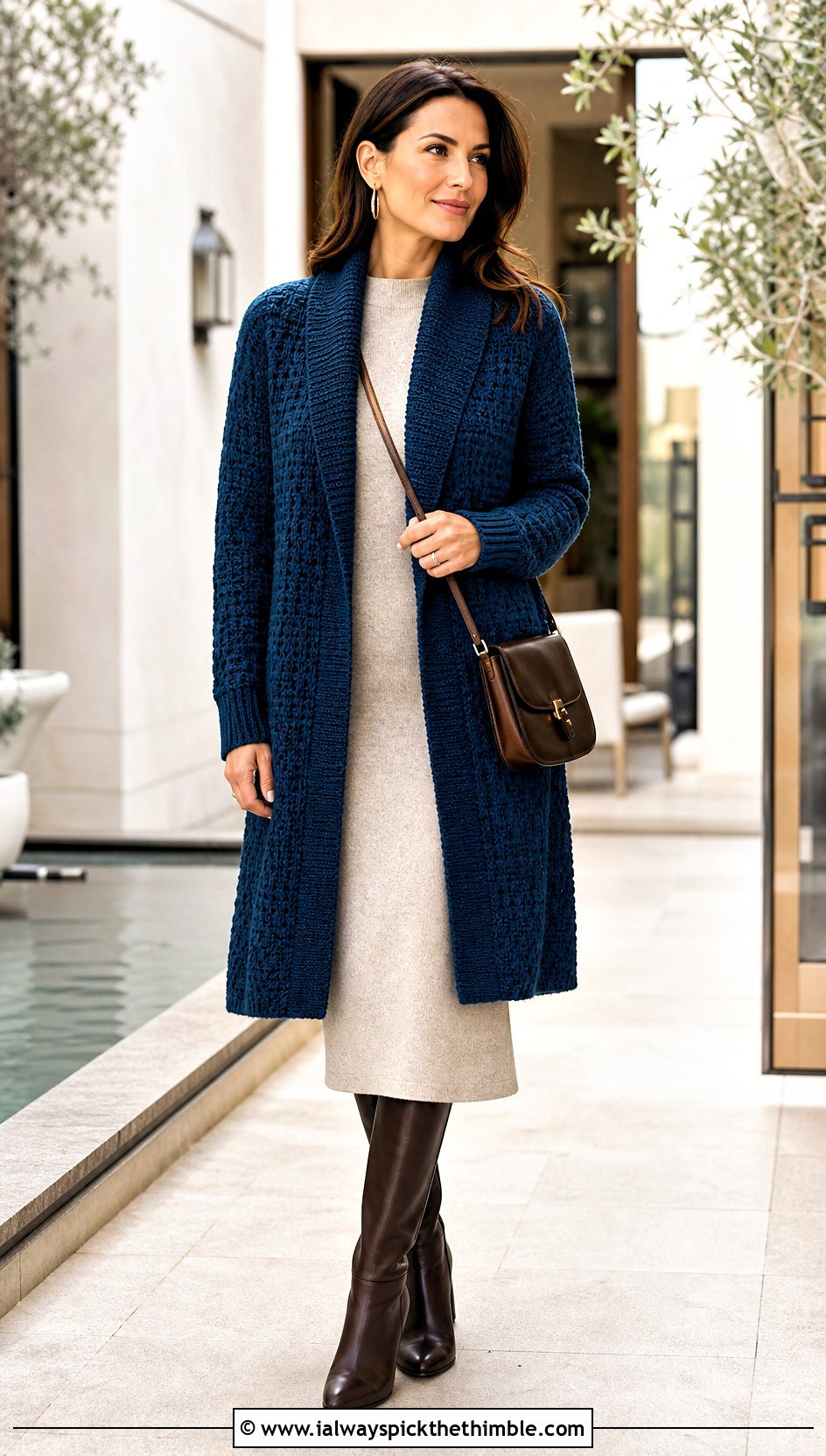 Shawl Collar Crochet Cardigan With Knit Dress - 25 cute crochet cardigan outfit ideas