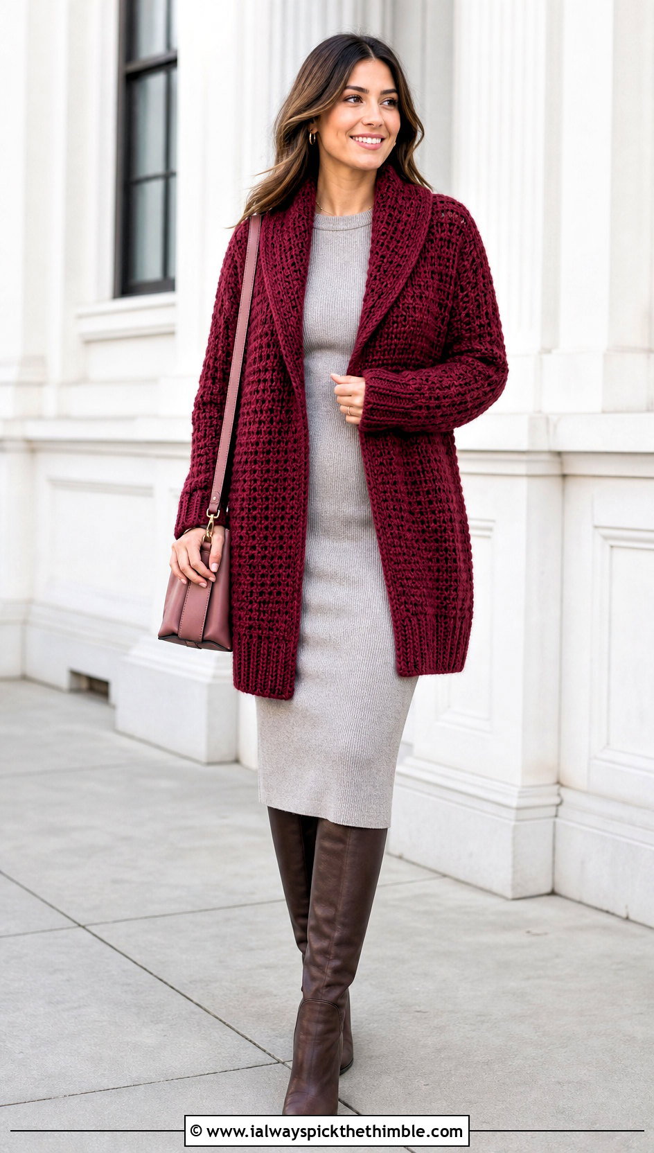 Shawl Collar Crochet Cardigan With Knit Dress - 25 easy crochet cardigan outfit ideas
