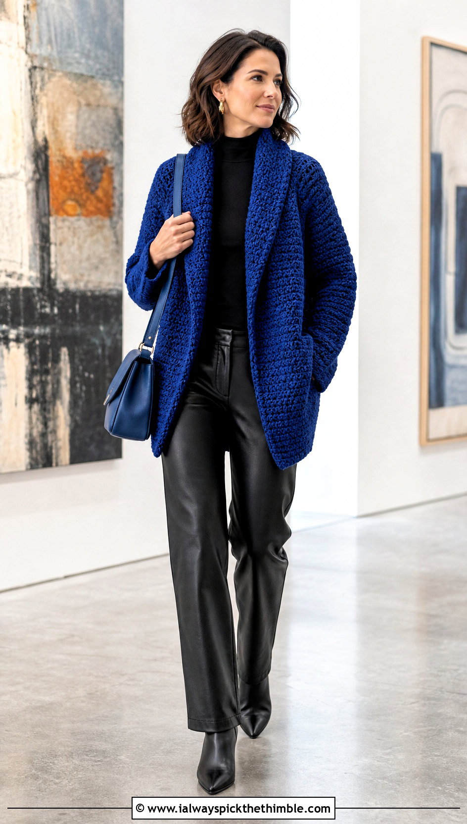 Shawl Collar Crochet Cardigan With Leather Pants - 25 crochet cardigans outfit ideas
