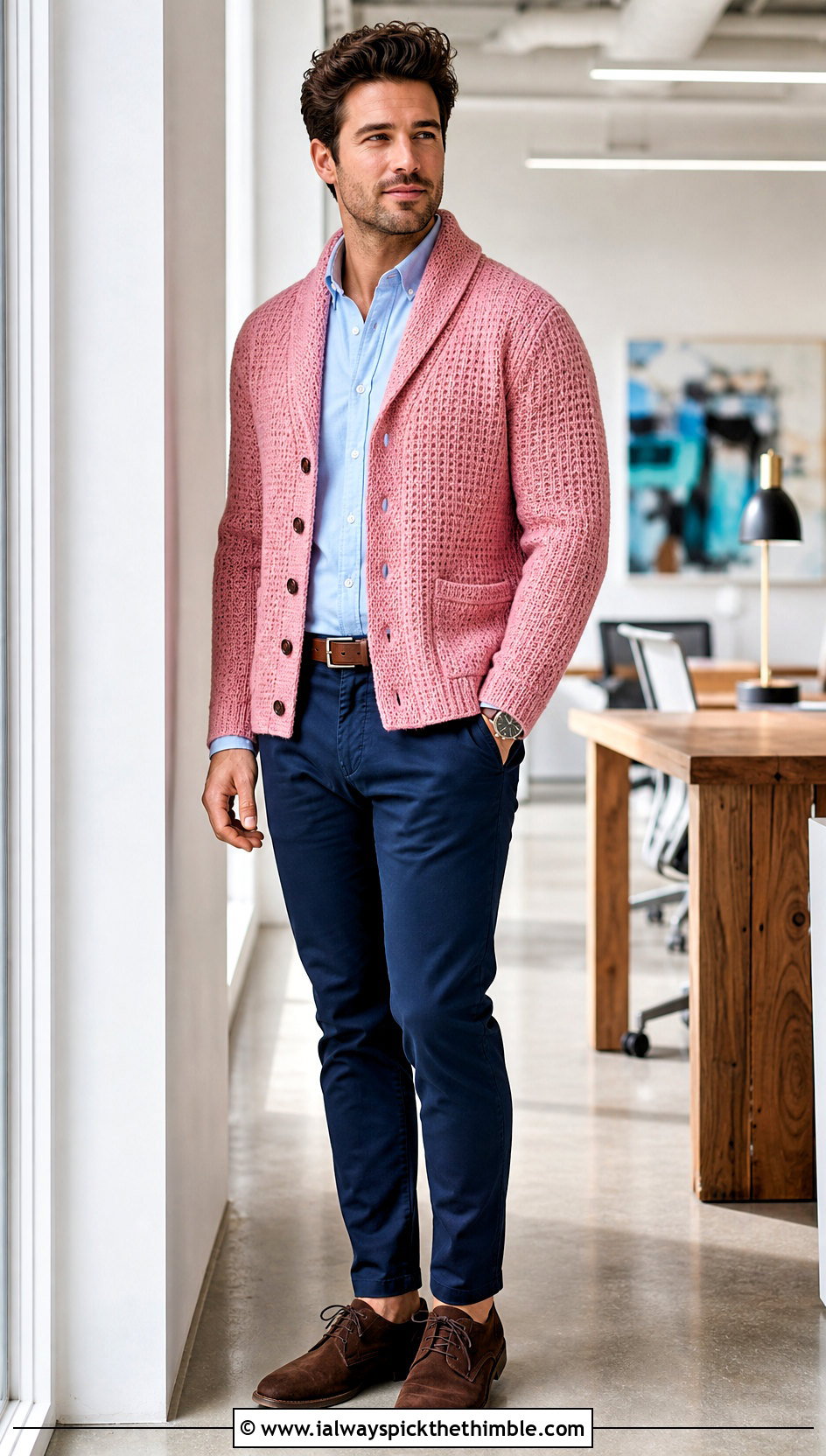Shawl Collar Crochet Cardigan With Oxford Shirt And Chinos - 25 mens crochet cardigan outfit ideas