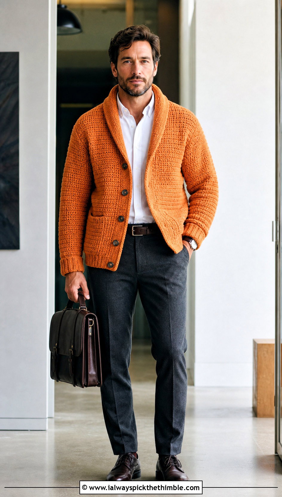 Shawl Collar Crochet Cardigan With Oxford Shirt - 20 crochet man cardigan outfit ideas