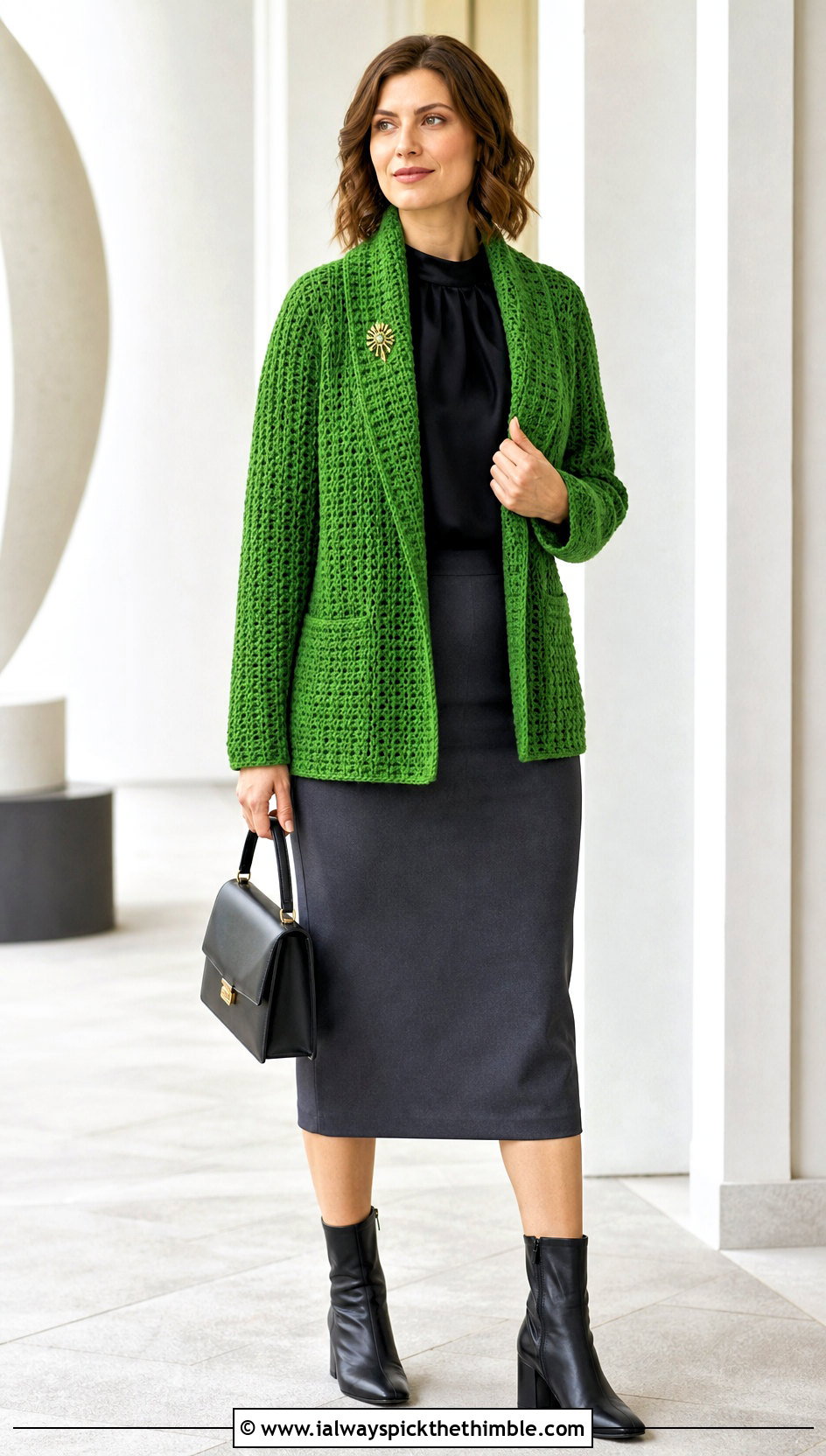 Shawl Collar Crochet Cardigan With Pencil Skirt - 20 witchy crochet cardigan outfit ideas