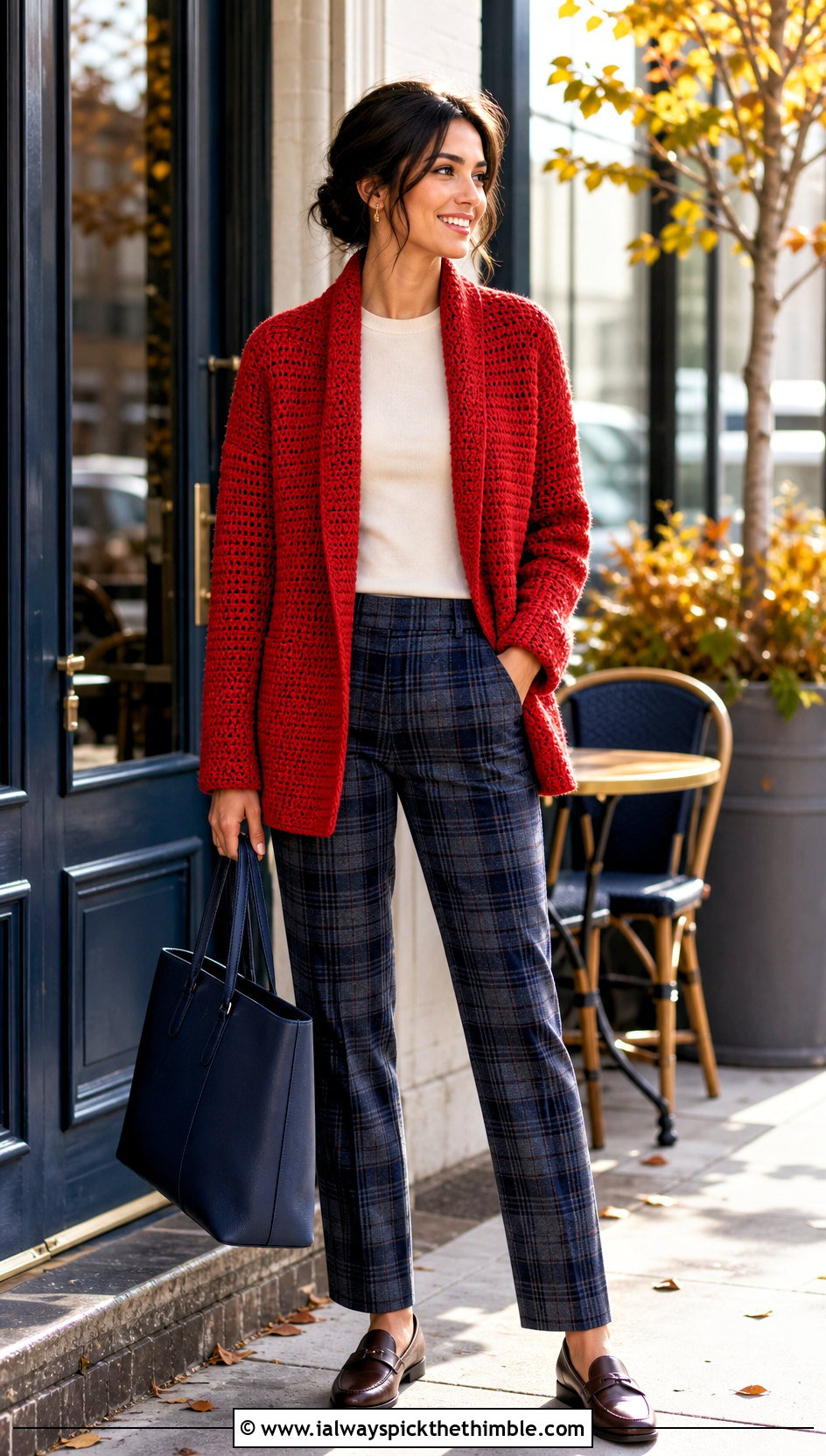 Shawl Collar Crochet Cardigan With Plaid Trousers - 15 Crochet Cardigan Fall Fashion and outfit ideas