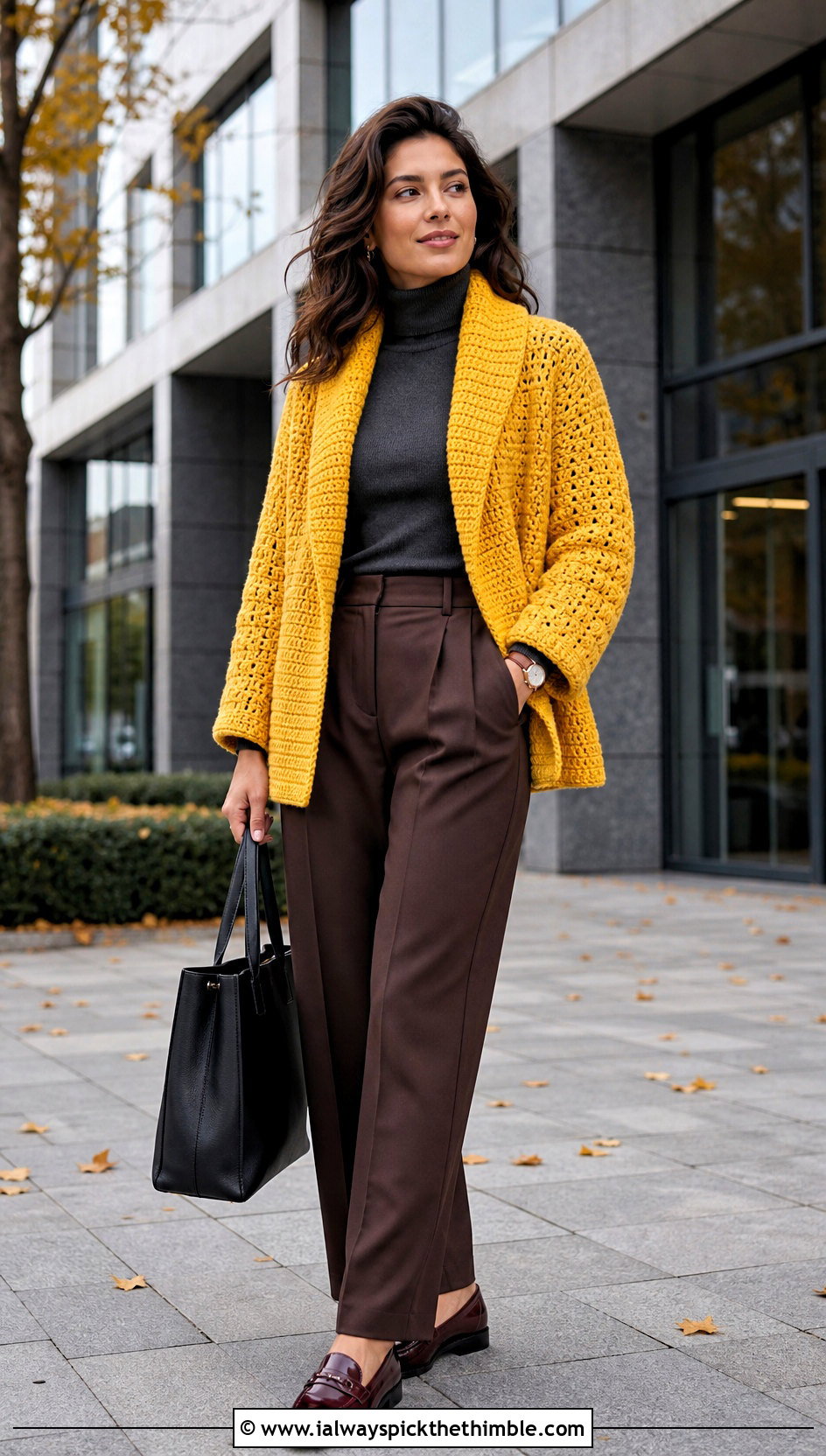 Shawl Collar Crochet Cardigan With Pleated Trousers - 25 simple crochet cardigan outfit ideas
