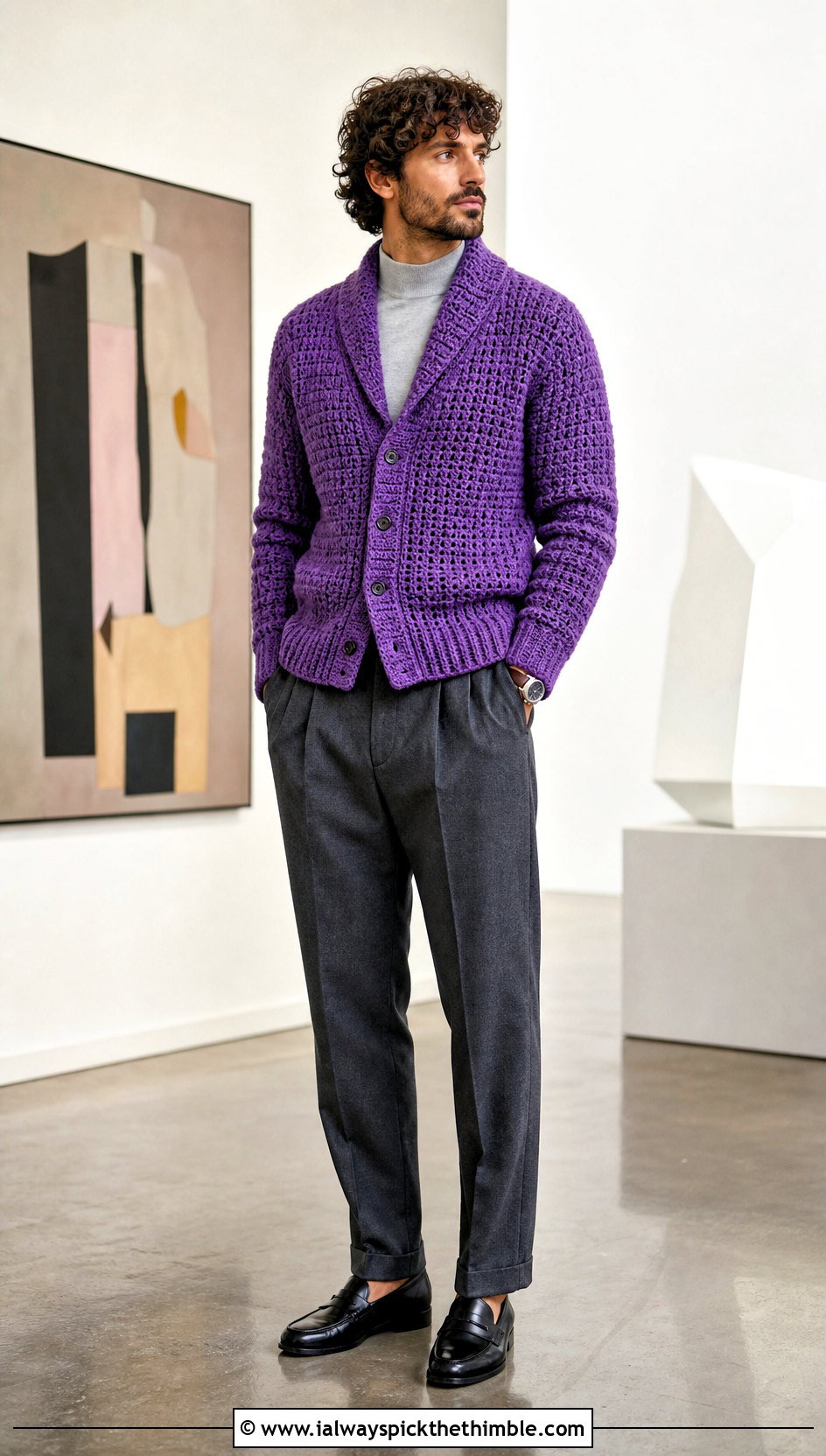 Shawl Collar Crochet Cardigan With Pleated Trousers - 20 men's crochet cardigan outfit ideas