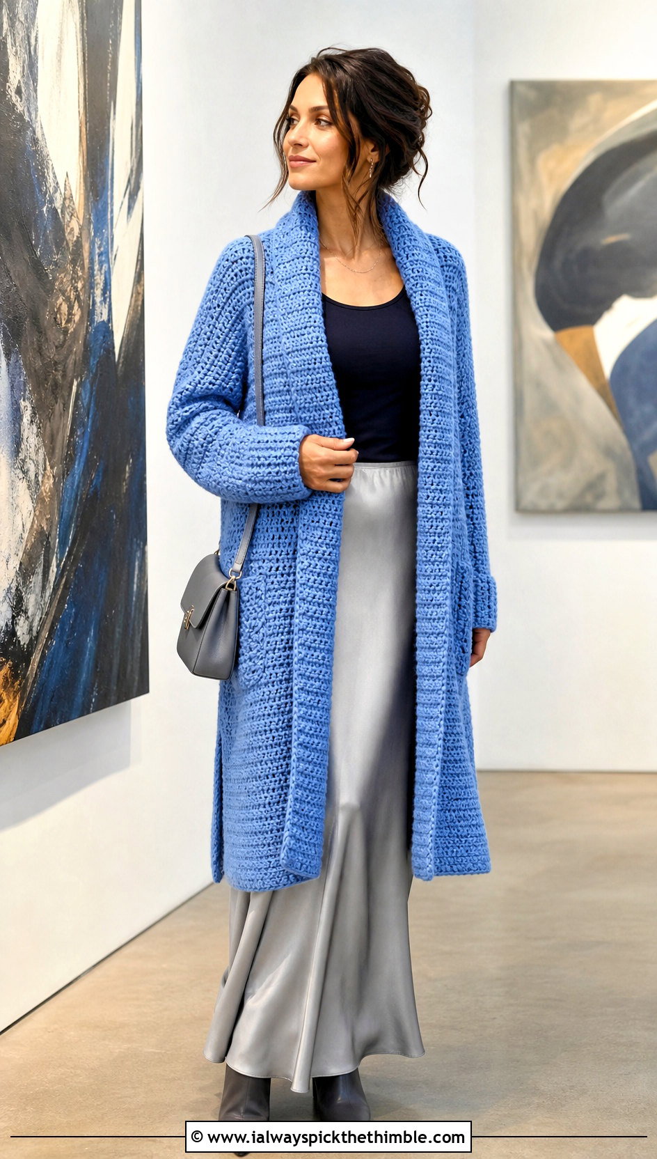 Shawl Collar Crochet Cardigan With Satin Maxi Skirt - 25 crochet long cardigan outfit ideas