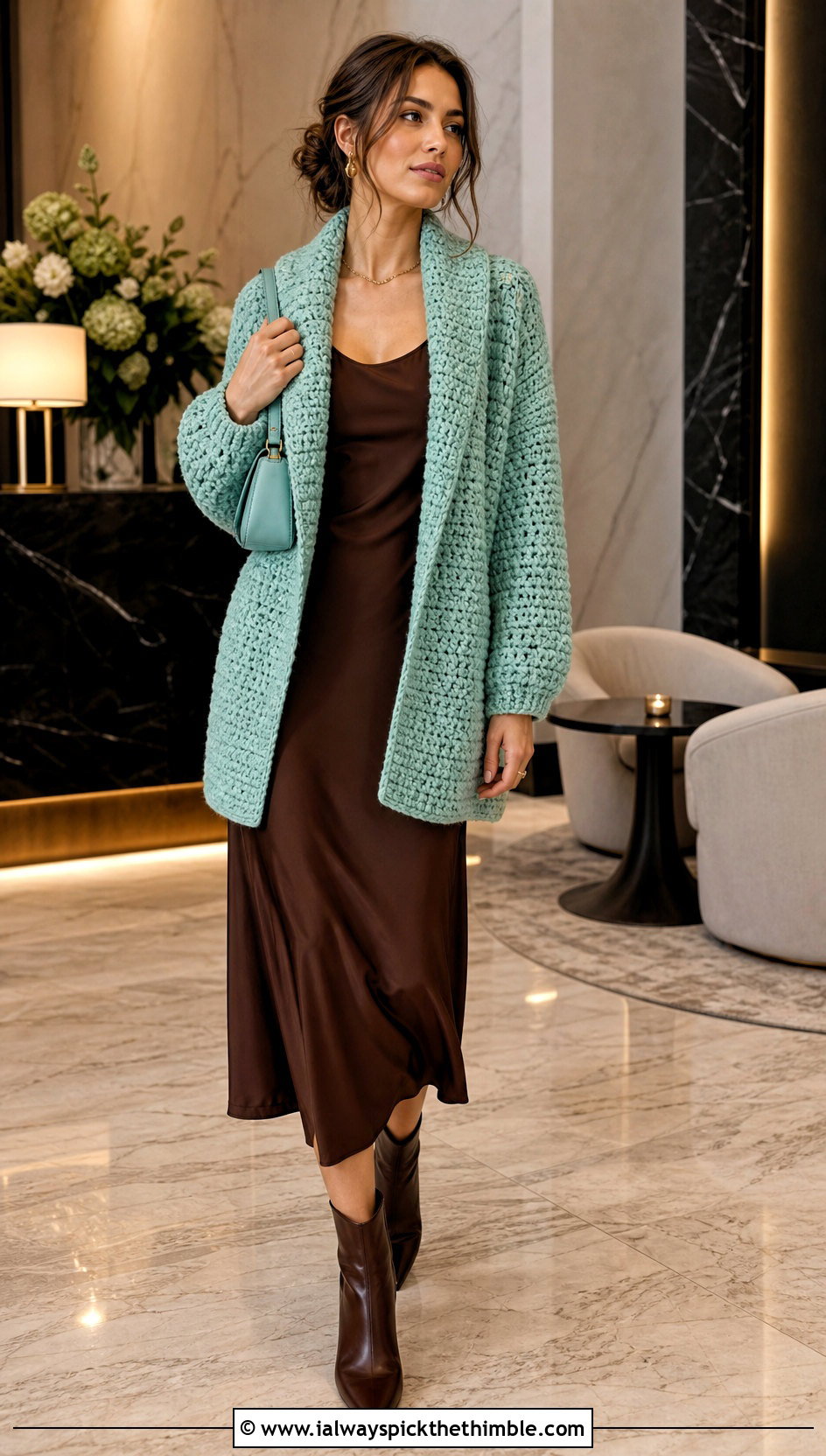 Shawl Collar Crochet Cardigan With Slip Dress - 20 Thick Yarn Crochet Cardigan outfit ideas