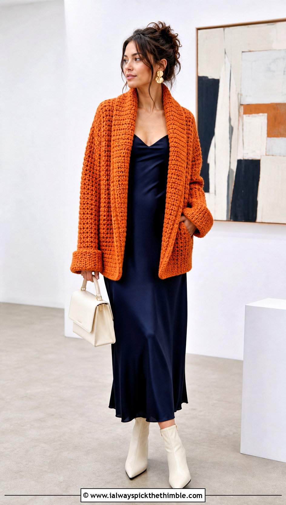 Shawl Collar Crochet Cardigan With Slip Dress - 20 thick crochet cardigan outfit ideas