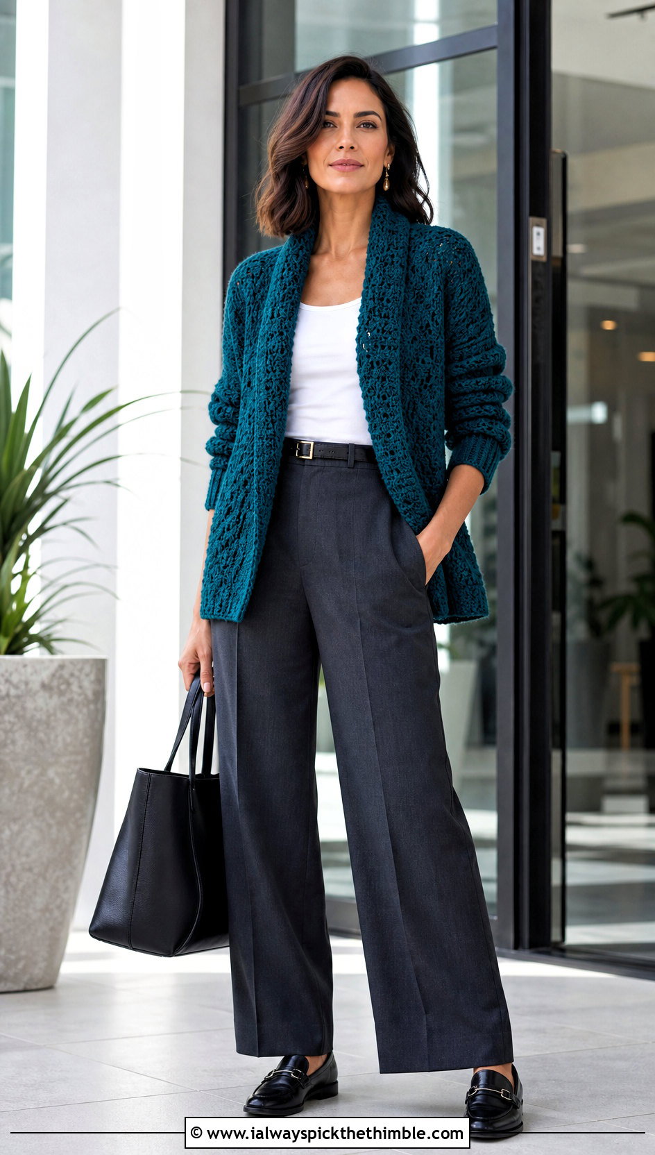 Shawl Collar Crochet Cardigan With Tailored Trousers - 15 Crochet Cardigan With Collar outfit ideas