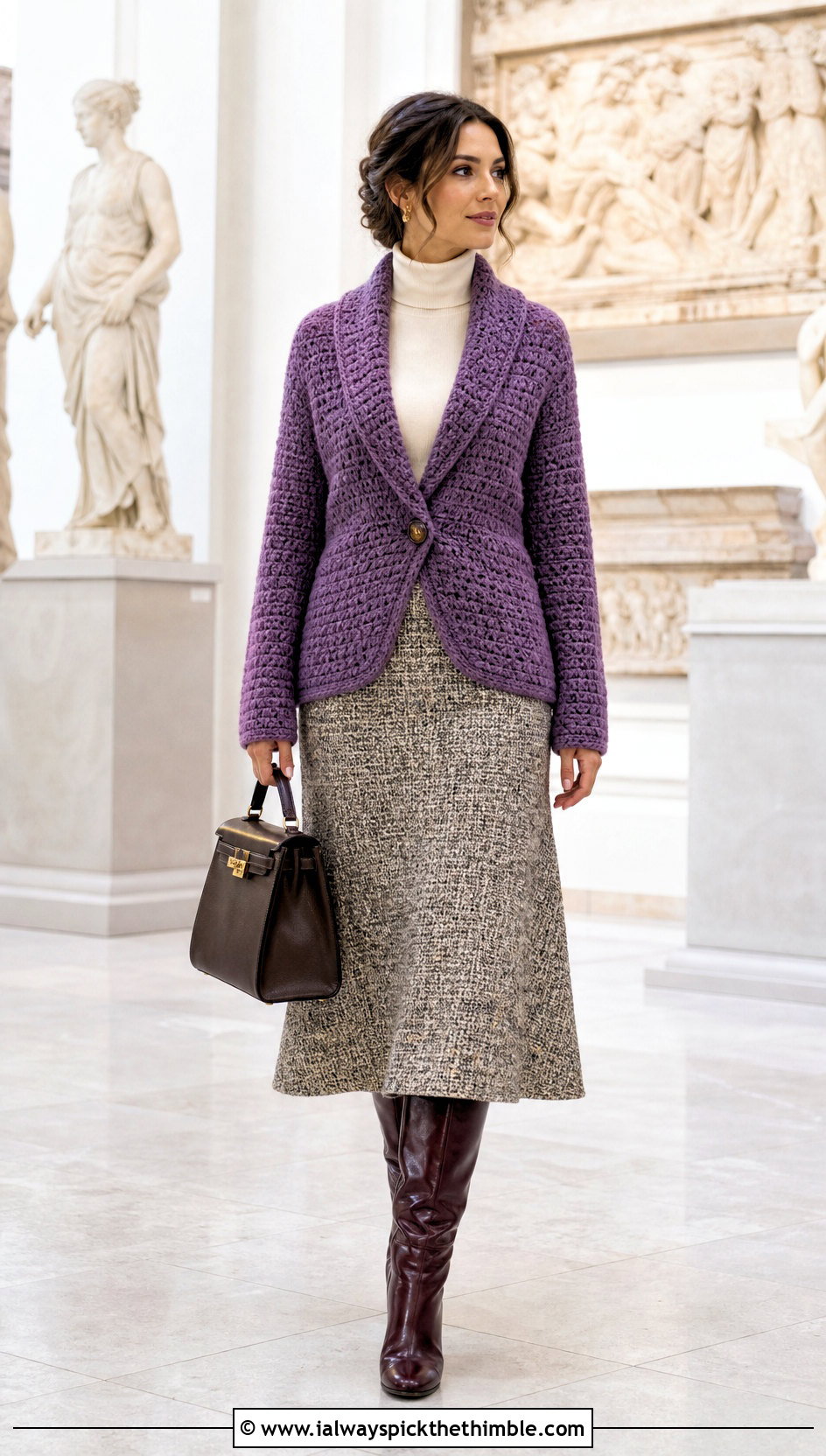 Shawl Collar Crochet Cardigan With Tweed Skirt - 25 ladies crochet cardigan outfit ideas