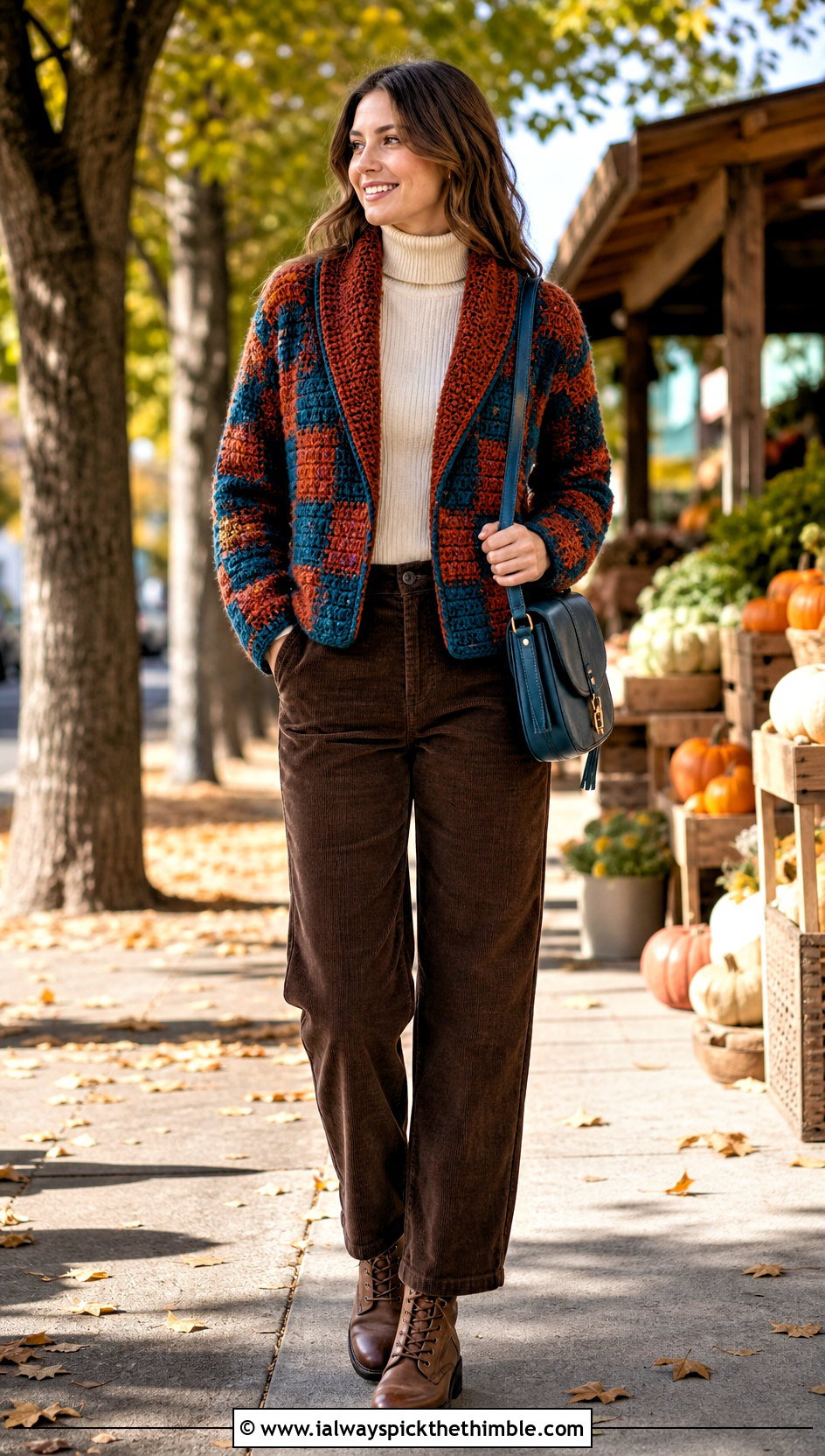 Shawl Collar Crochet Checkered Cardigan With Corduroy Pants - 25 crochet checkered cardigan outfit ideas