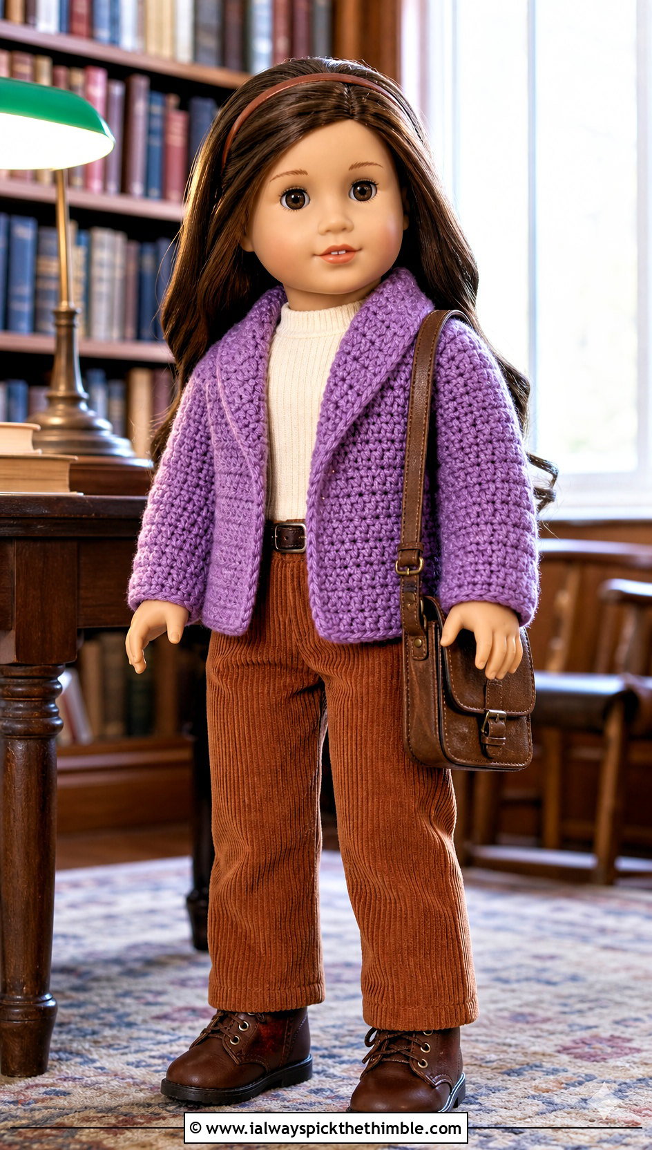 Shawl Collar Crochet Doll Jacket With Corduroy Pants - 20 crochet doll jacket outfit ideas