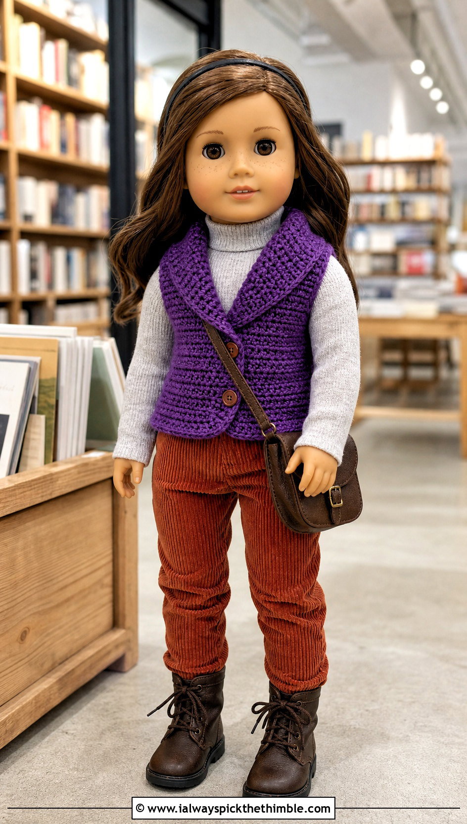 Shawl Collar Crochet Doll Vest With Corduroy Pants - 20 crochet doll vest outfit ideas