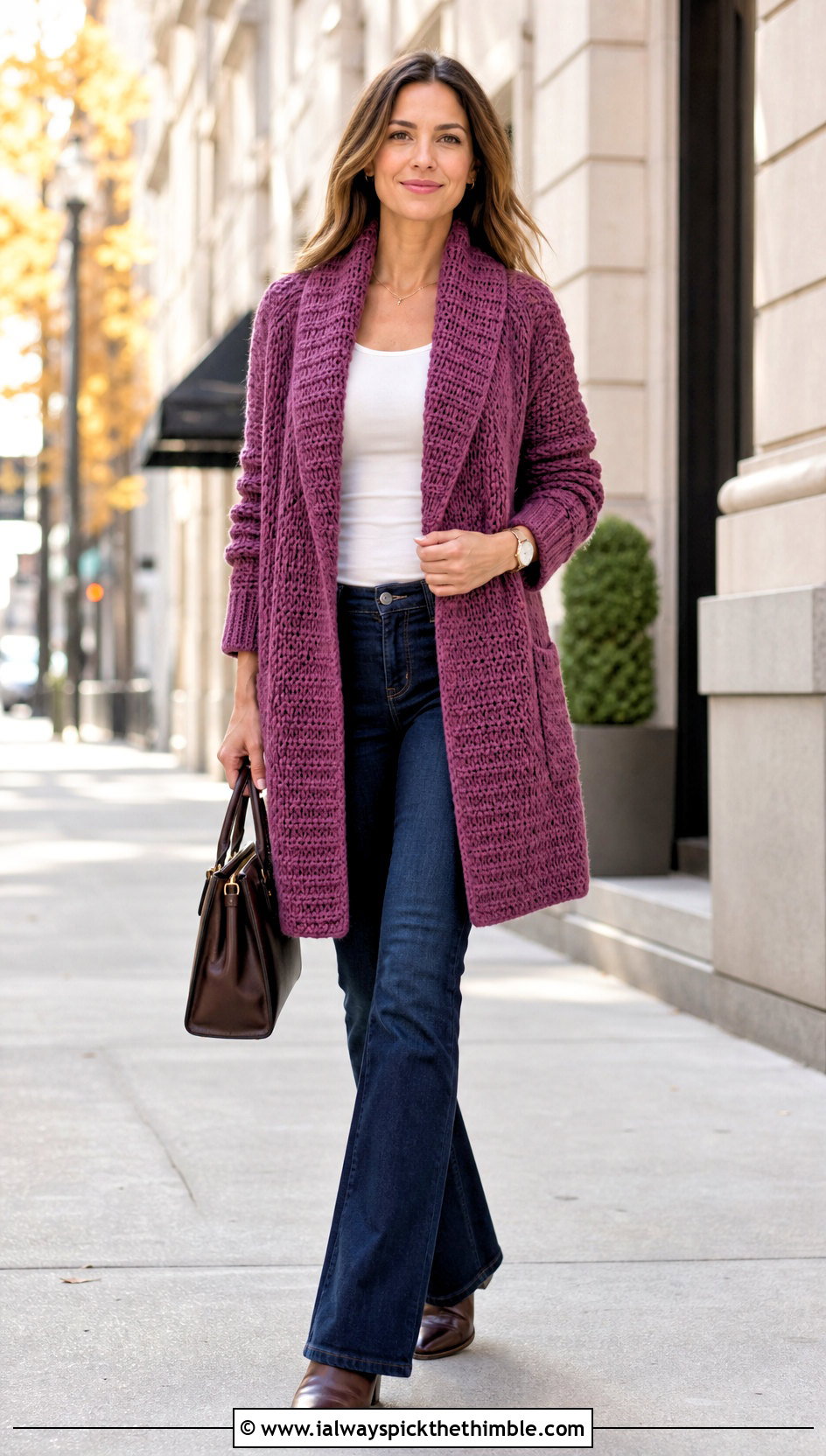 Shawl Collar Crochet Fall Cardigan With Dark Wash Jeans - 25 crochet fall cardigan outfit ideas