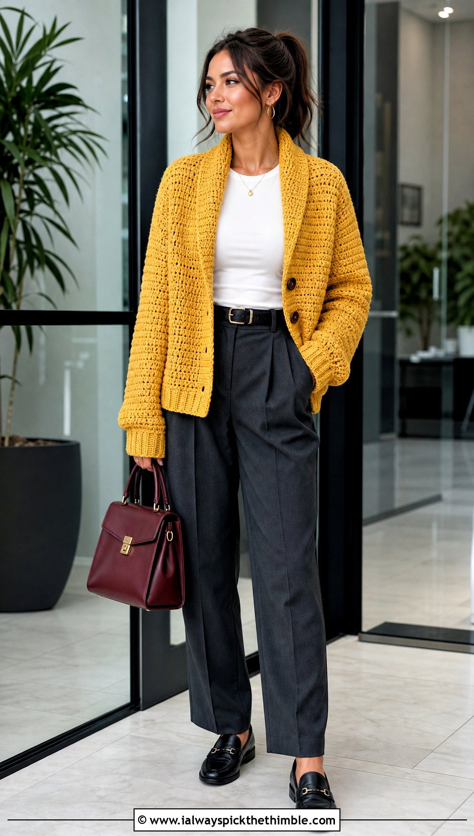 Shawl Collar Crochet Grandpa Sweater With Tailored Trousers - 20 Crochet Grandpa Sweater outfit ideas