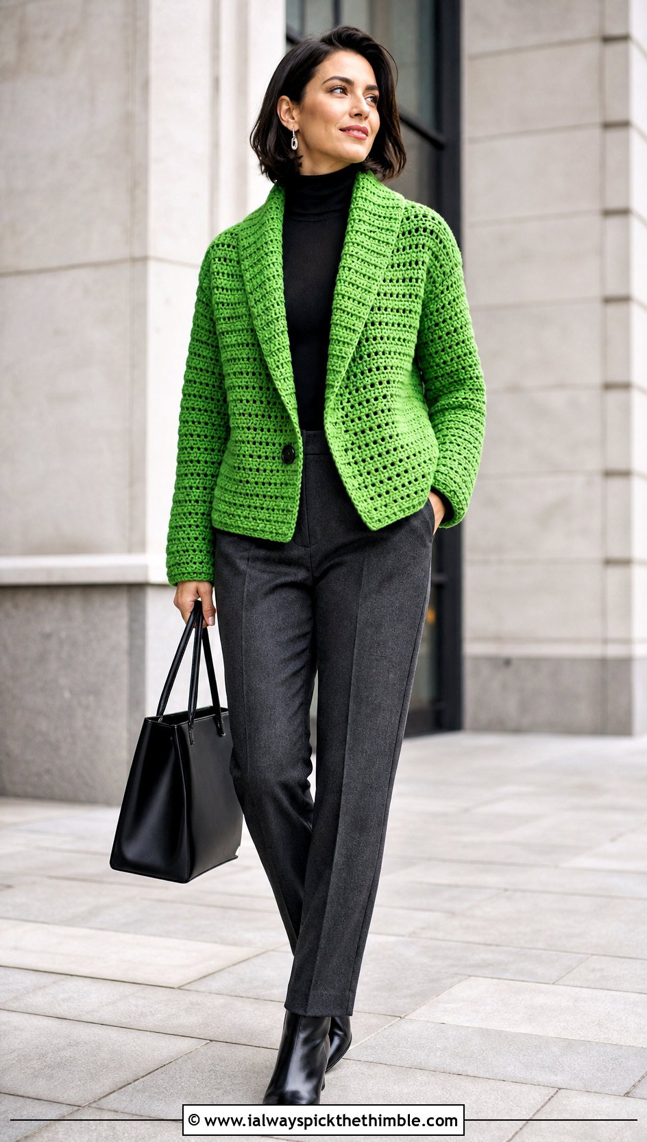Shawl Collar Crochet Jacket With A Turtleneck And Trousers - 15 beginner crochet jacket ideas