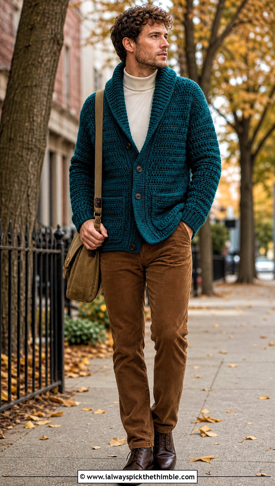 Shawl Collar Crochet Jacket With Corduroy Pants - 15 Crochet Mens Jacket outfit ideas