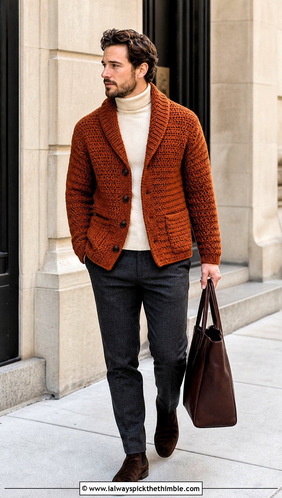 Shawl Collar Crochet Jacket With Turtleneck And Wool Pants - 25 crochet jacket for men outfit ideas