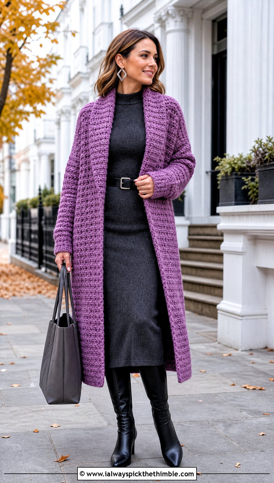 Shawl Collar Crochet Long Cardigan With Knit Dress - 20 Easy Crochet Long Cardigan outfit ideas