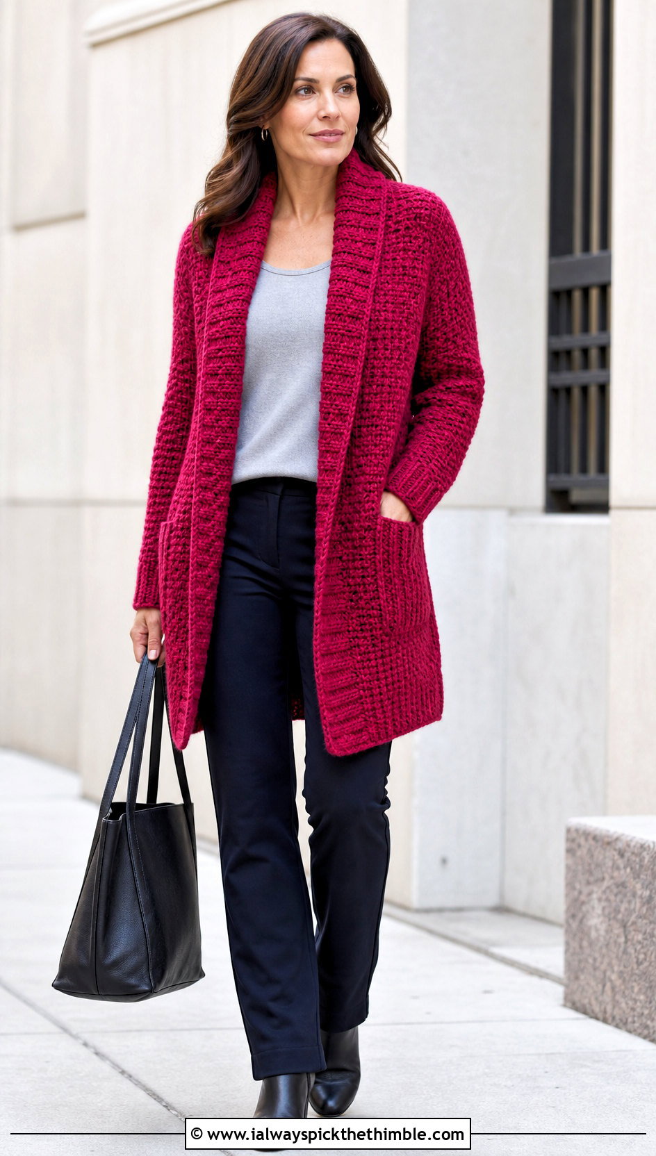 Shawl Collar Crochet Long Sleeve Cardigan With Ponte Pants - 20 Crochet Long Sleeve Cardigan outfit ideas