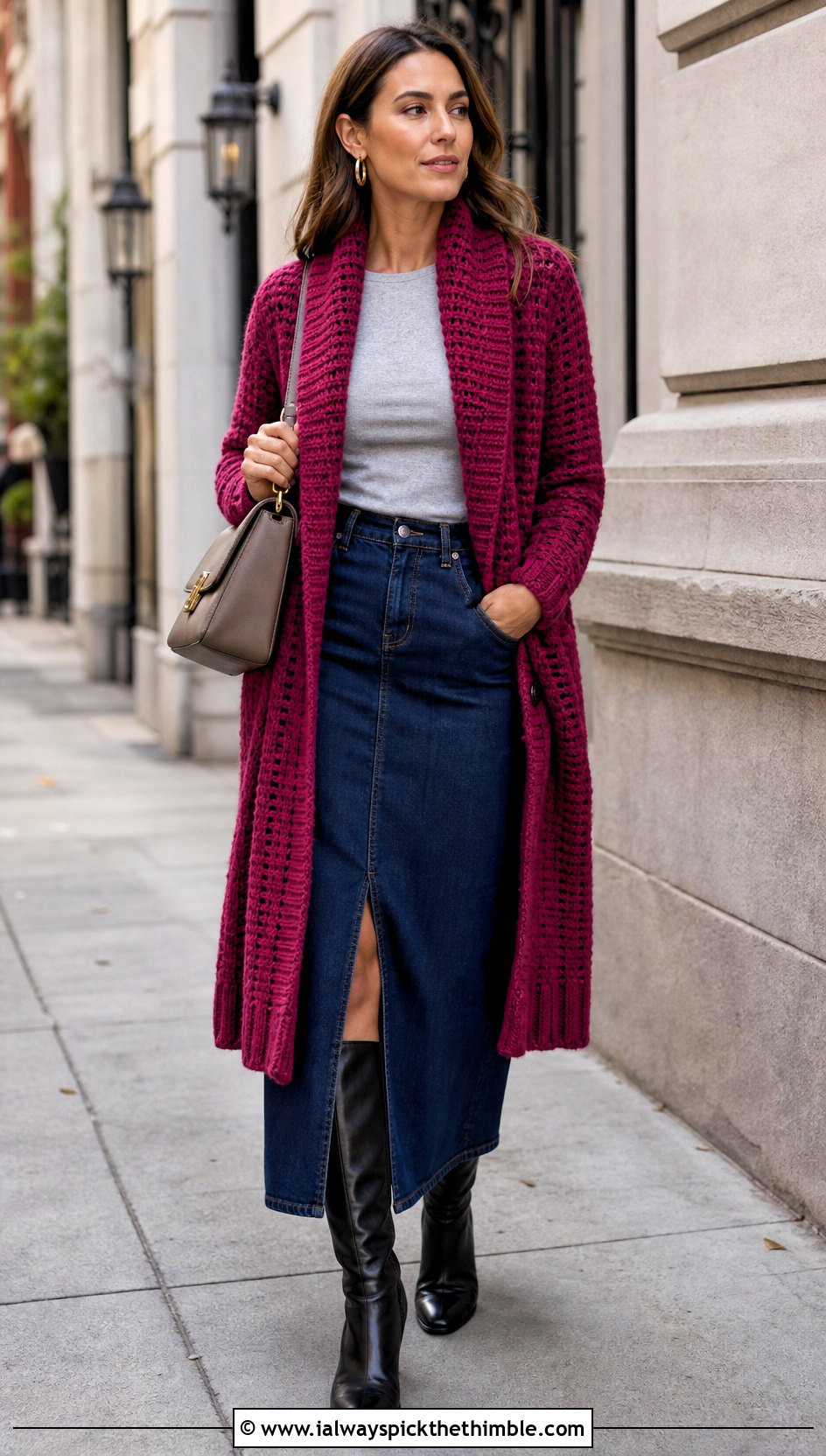 Shawl Collar Crochet One Piece Cardigan With Denim Maxi Skirt - 20 crochet one piece cardigan outfit ideas